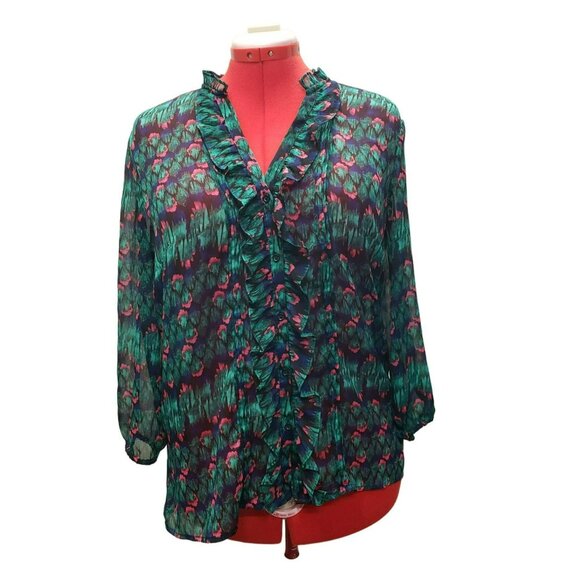 Attention Sheer Ruffled Button-Down Blouse, Pink Green Multicolor, Women's L - Picture 1 of 6